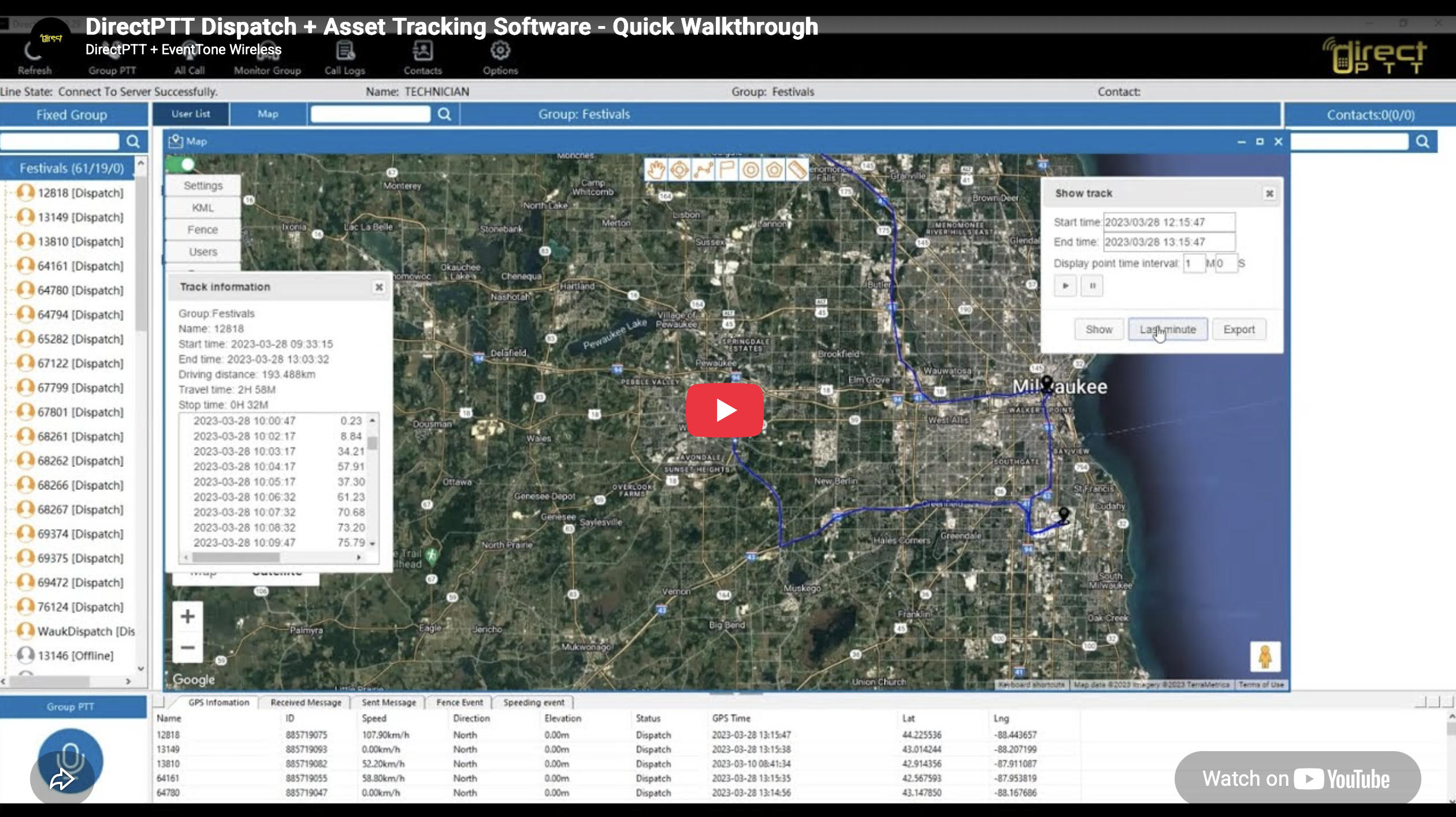 DirectPTT dispatch and asset tracking software with GPS map